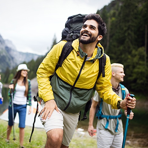 Group of friends hiking together free from elbow tendinitis